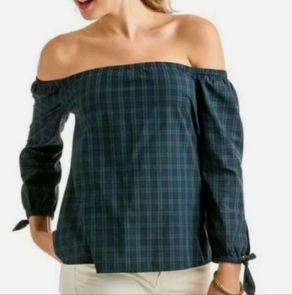 Talbots Tops - Talbots Green Navy Plaid Off Shoulder Blouse Large Petite